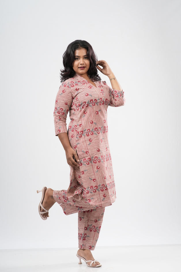 Pink & White Striped Floral Print Cotton Co-ord Set