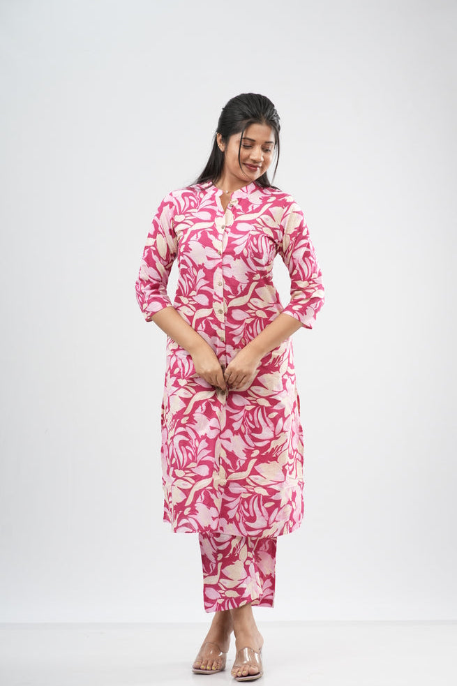 Pink & White Floral Print Cotton Co-ord Set