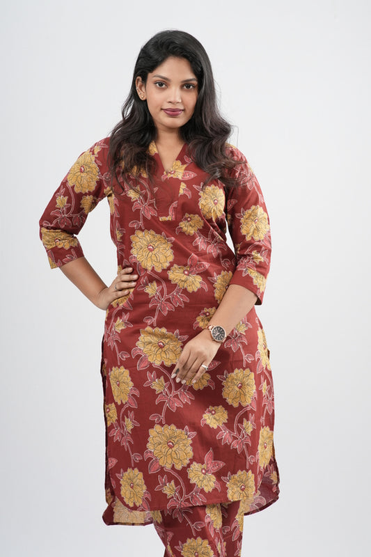 Brick Red & Gold Floral Print Cotton Co-ord Set