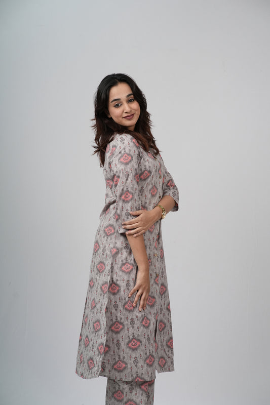 Grey & Pink Geometric Floral Print Cotton Co-ord Set