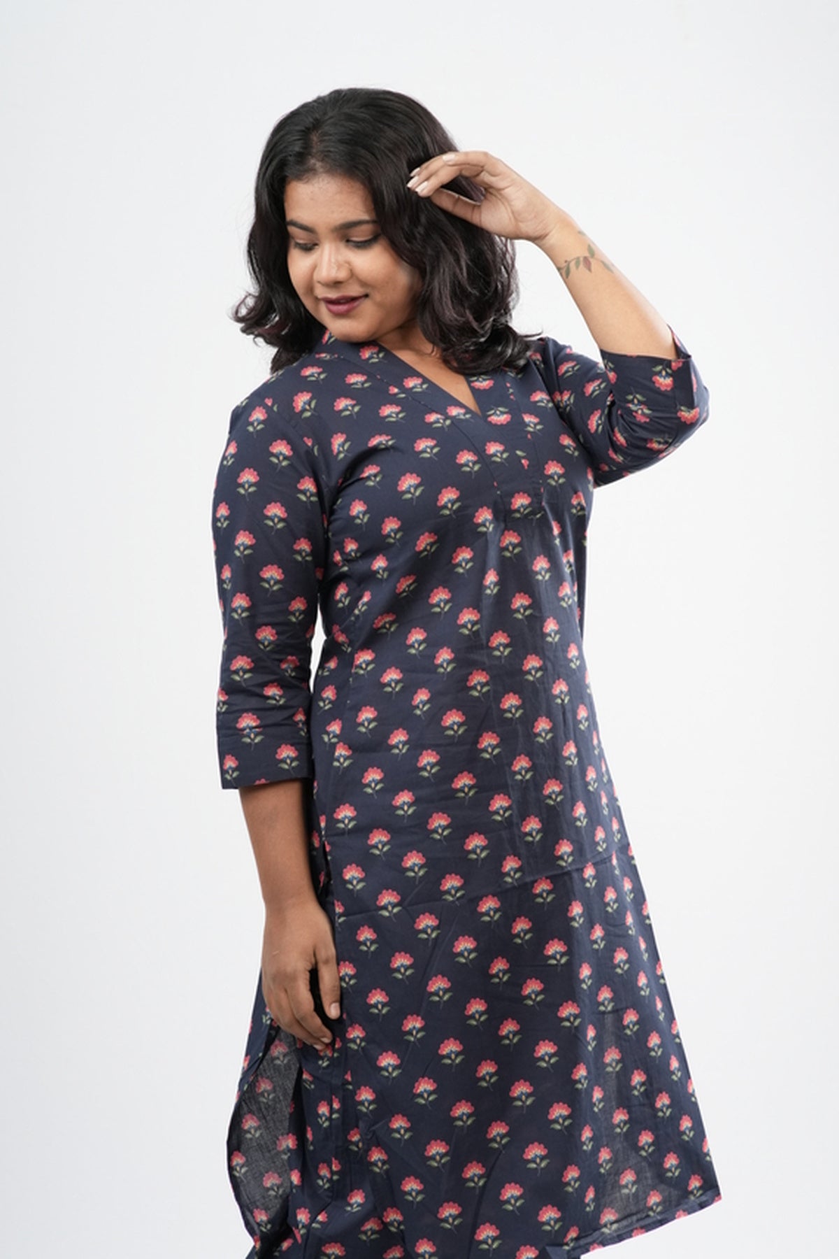 Indigo Blue & Pink Floral Boota Print Cotton Co-ord Set