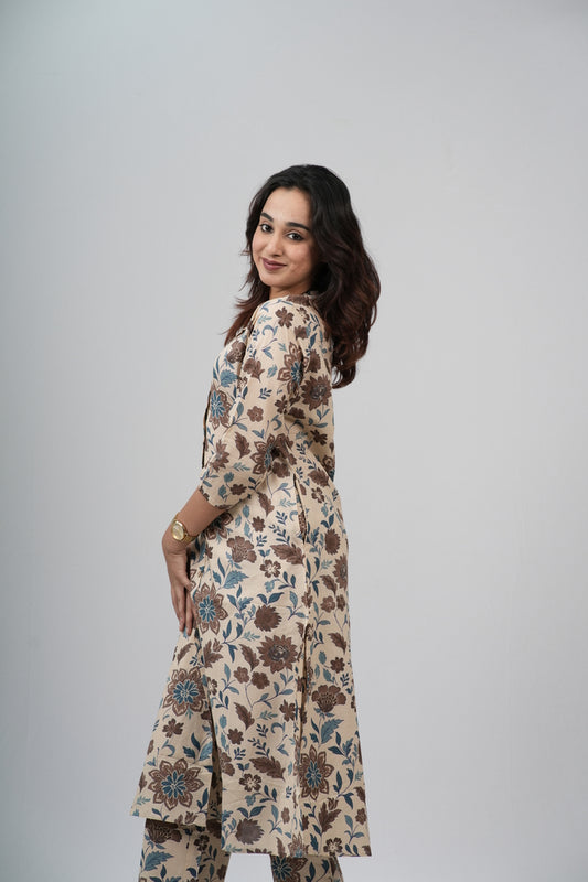 Beige & Earthy Floral Print Cotton Co-ord Set