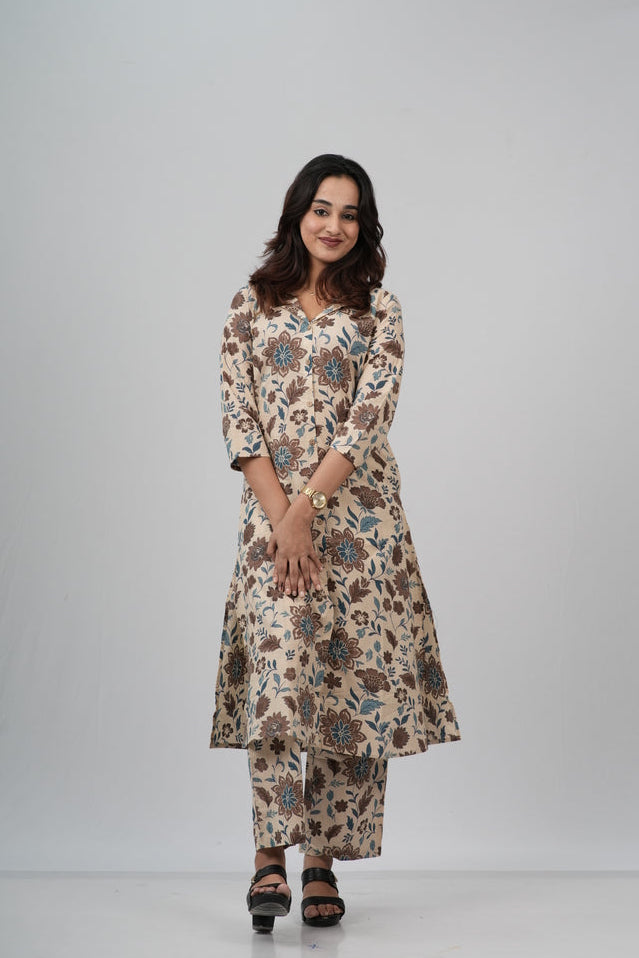 Beige & Earthy Floral Print Cotton Co-ord Set