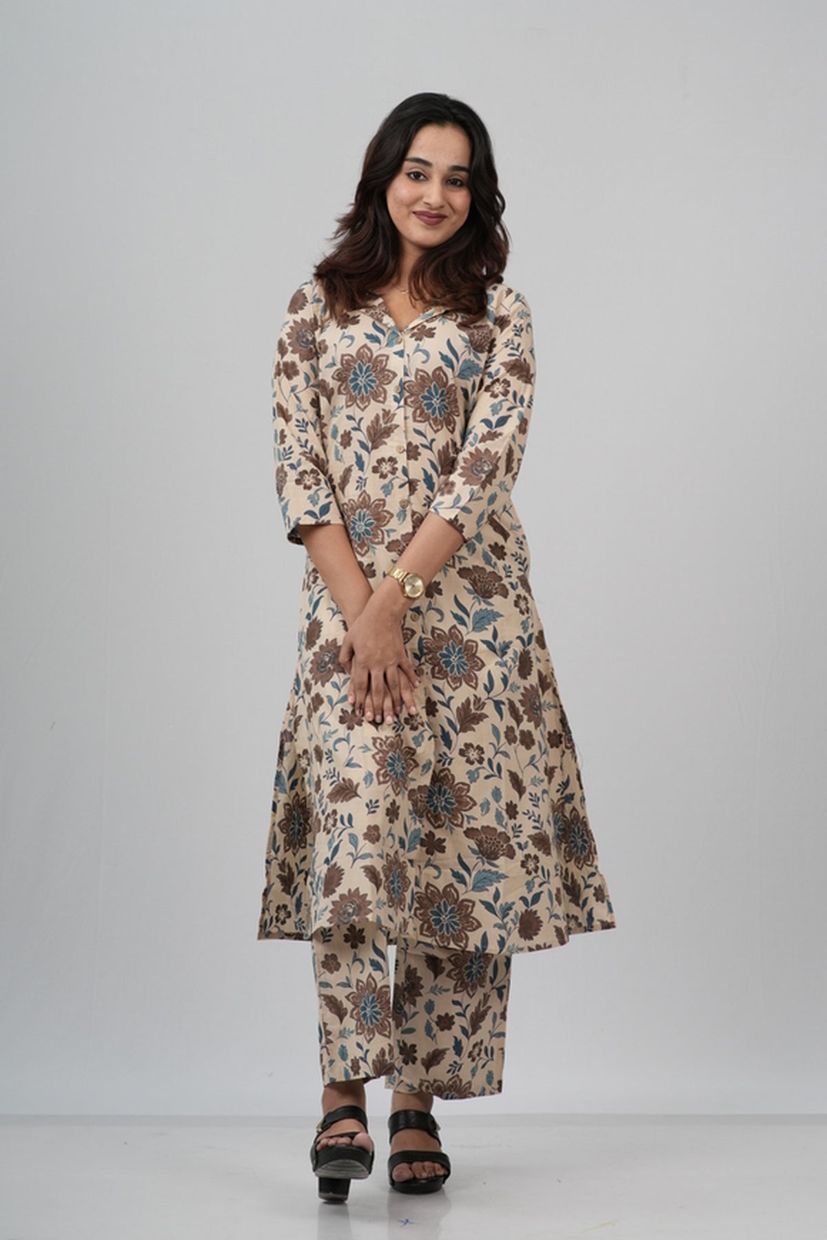 Beige & Earthy Floral Print Cotton Co-ord Set