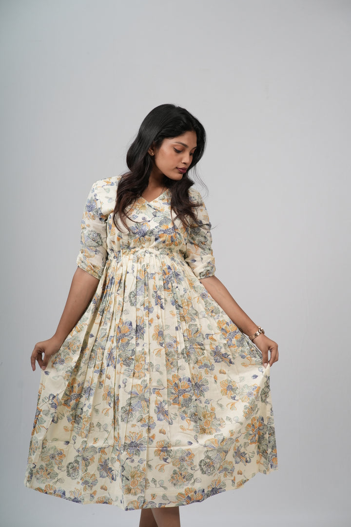 Cream Floral Cotton Tiered A-Line Dress