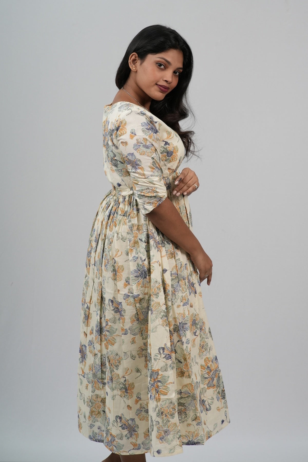 Cream Floral Cotton Tiered A-Line Dress