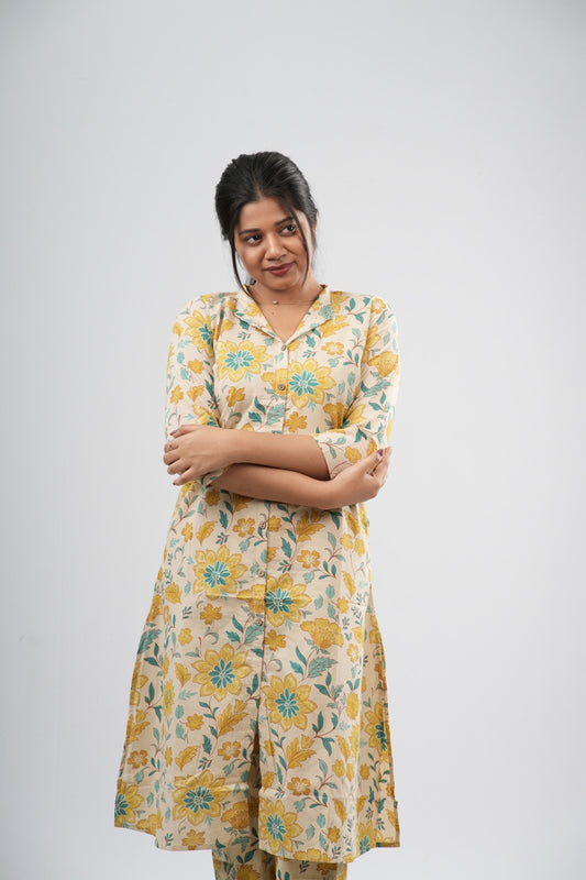 Yellow & Green Floral Vine Print Cotton Co-ord Set