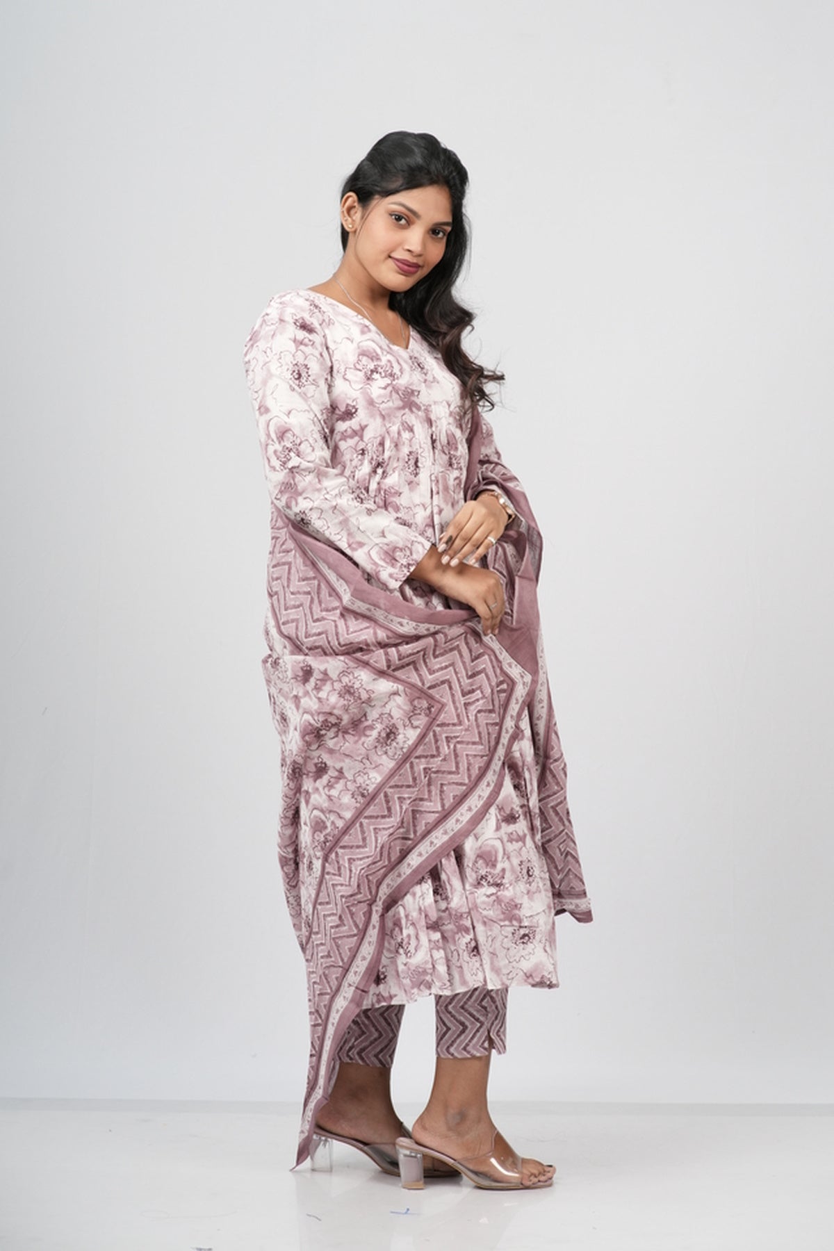 Mauve Floral Cotton Alia Cut Suit Set