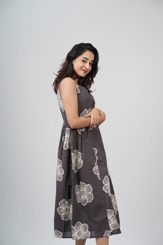 Charcoal Grey Floral Sketch Cotton Sleeveless A-Line Dress