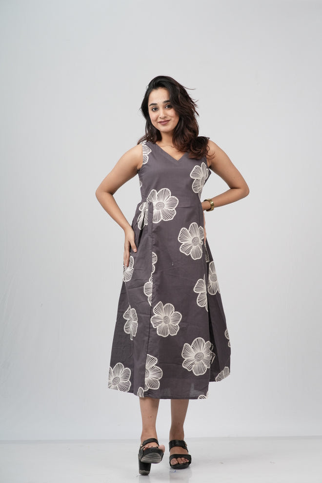 Charcoal Grey Floral Sketch Cotton Sleeveless A-Line Dress