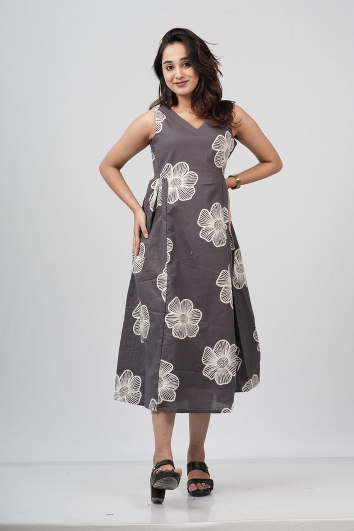 Charcoal Grey Floral Sketch Cotton Sleeveless A-Line Dress