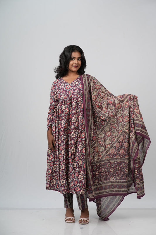 Wine Floral Cotton Alia Cut Suit Set