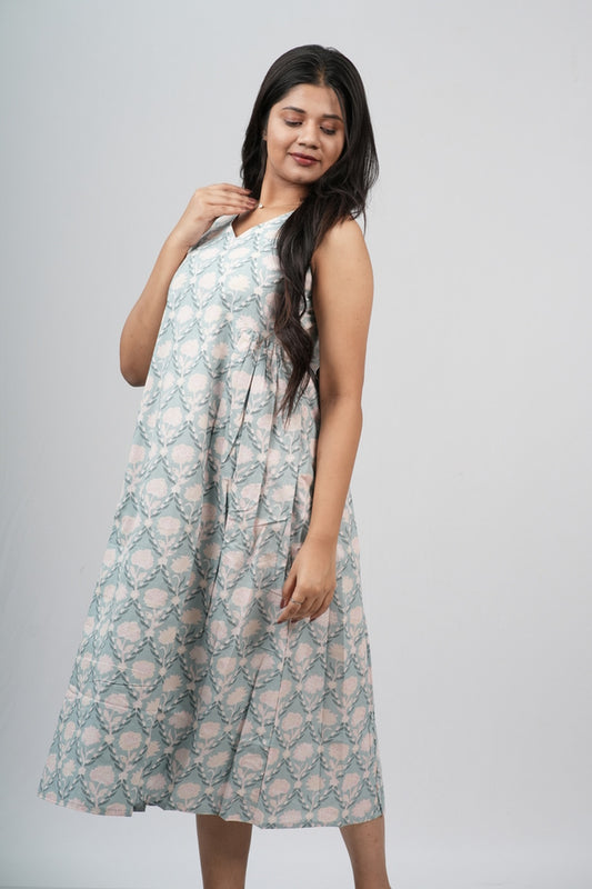 Pale Blue & Grey Damask Cotton Sleeveless A-Line Dress