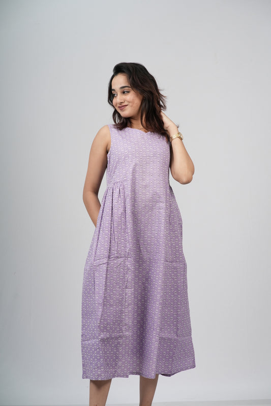 Lavender Micro-Buti Cotton Sleeveless A-Line Dress