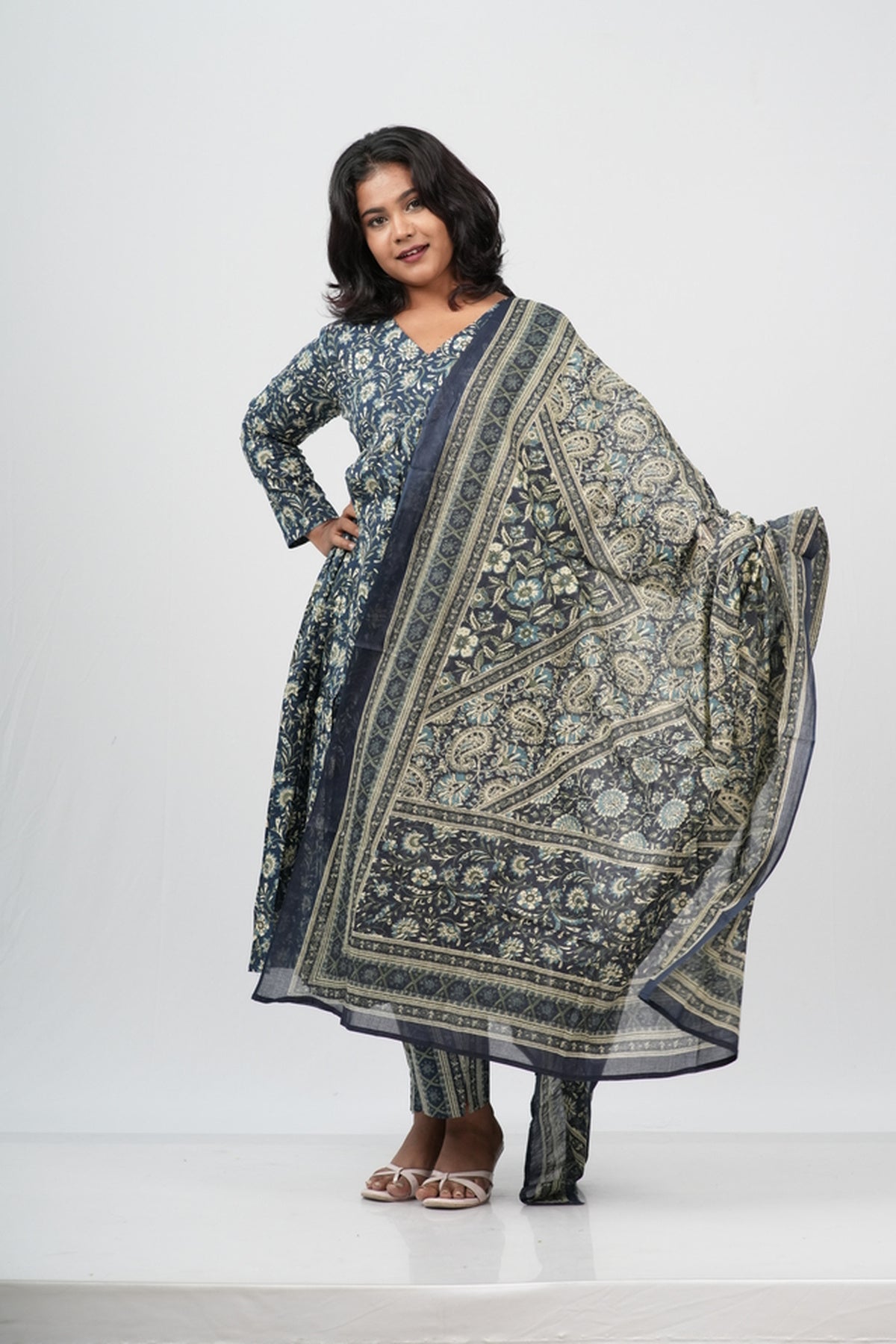 Indigo Floral Cotton Alia Cut Suit Set