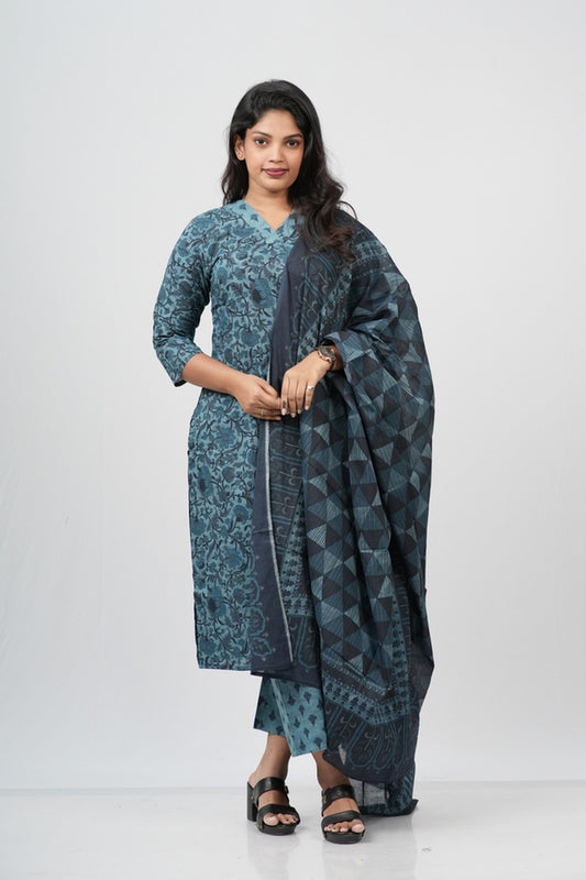 Teal Blue Floral Cotton Straight Suit Set