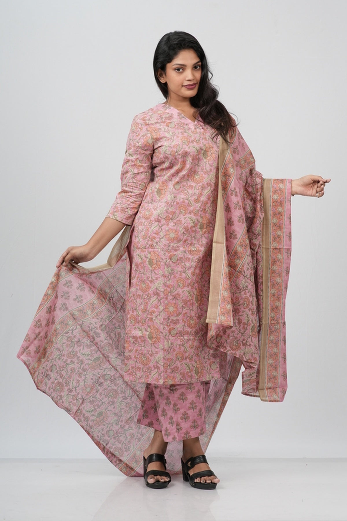 Dusty Rose Floral Cotton Straight Suit