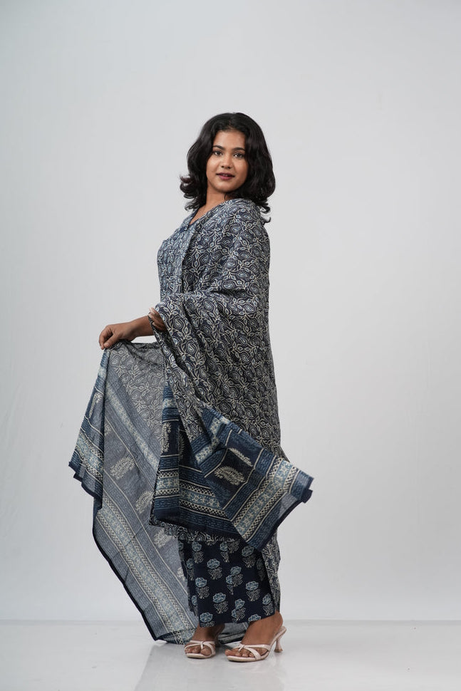 Indigo Blue Floral Cotton Straight Suit