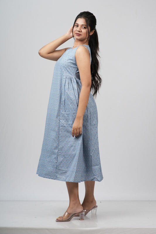 Powder Blue Micro-Buti Cotton Sleeveless A-Line Dress