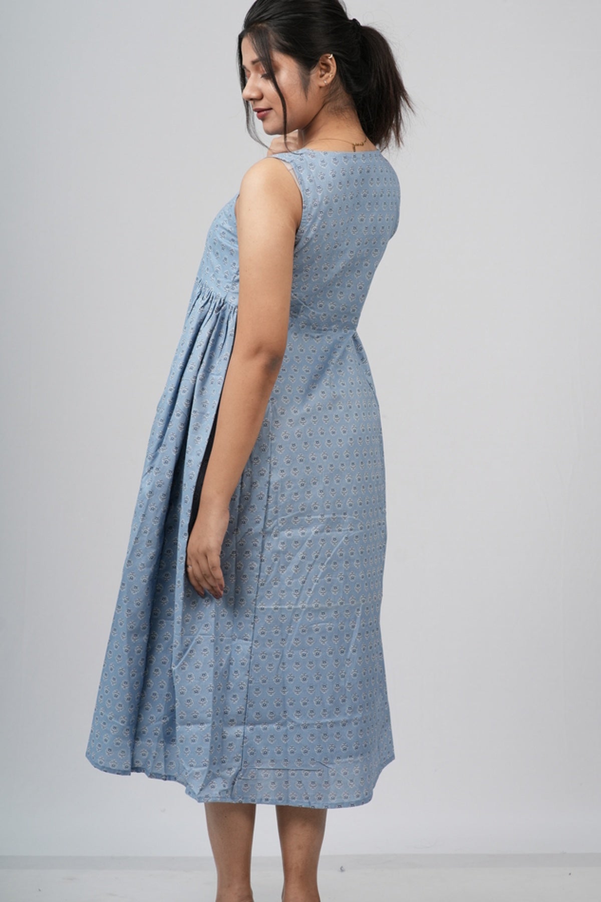 Powder Blue Micro-Buti Cotton Sleeveless A-Line Dress