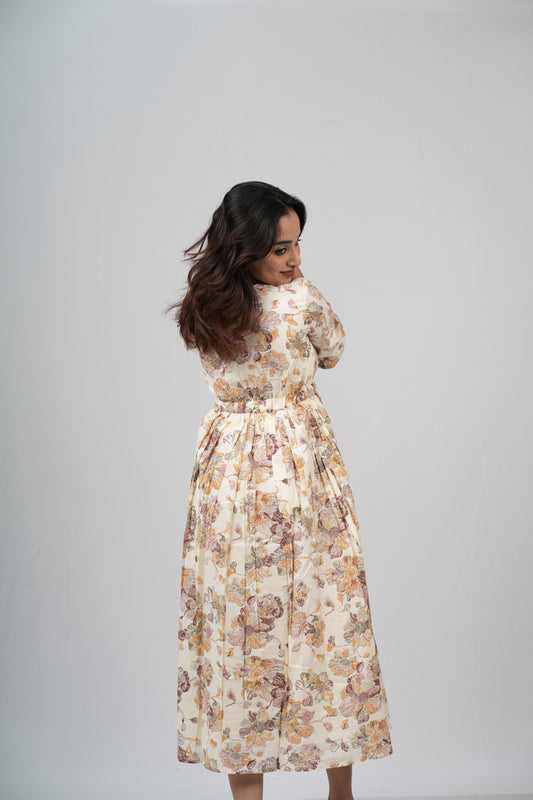 Golden Autumn Floral Cotton Tiered A-Line Dress