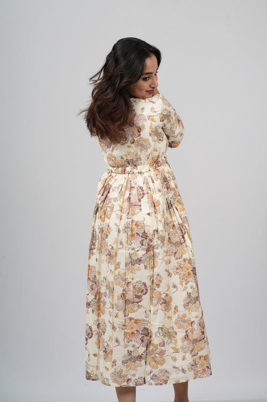 Golden Autumn Floral Cotton Tiered A-Line Dress