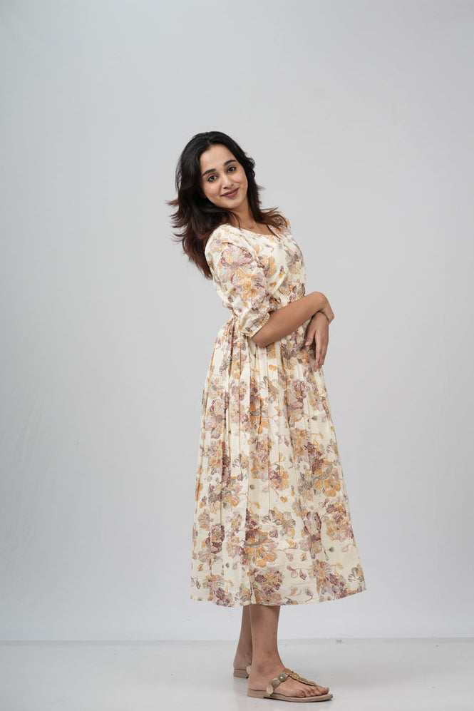 Golden Autumn Floral Cotton Tiered A-Line Dress