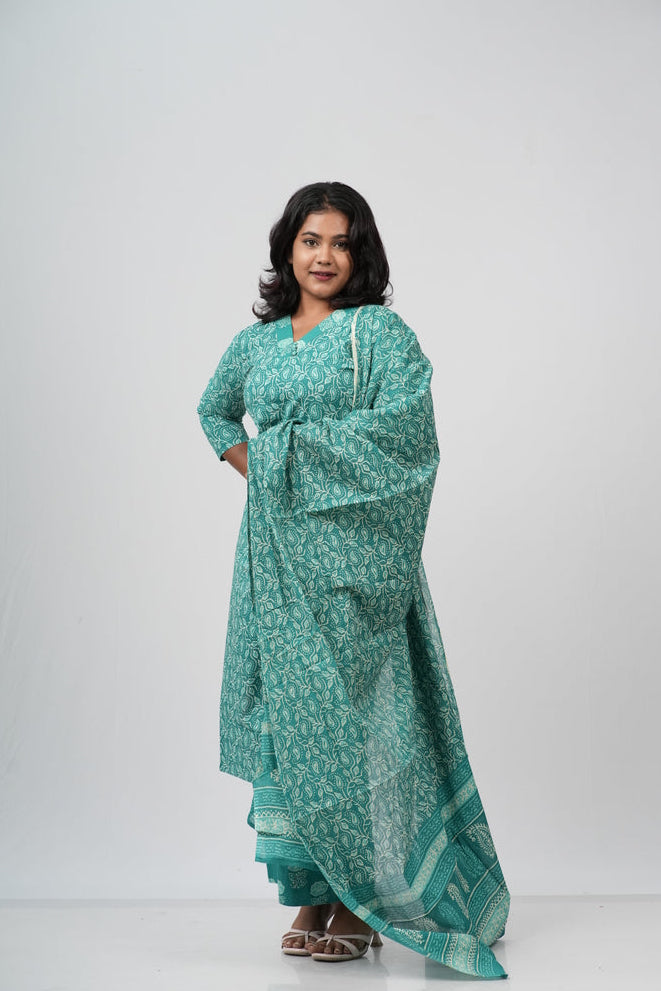 Seafoam Green Floral Cotton Straight Suit Set