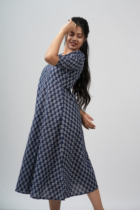 Indigo Paisley Cotton A-Line Midi Dress