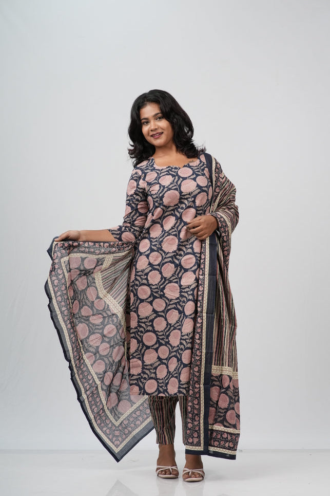 Pink & Indigo Floral Cotton Suit Set