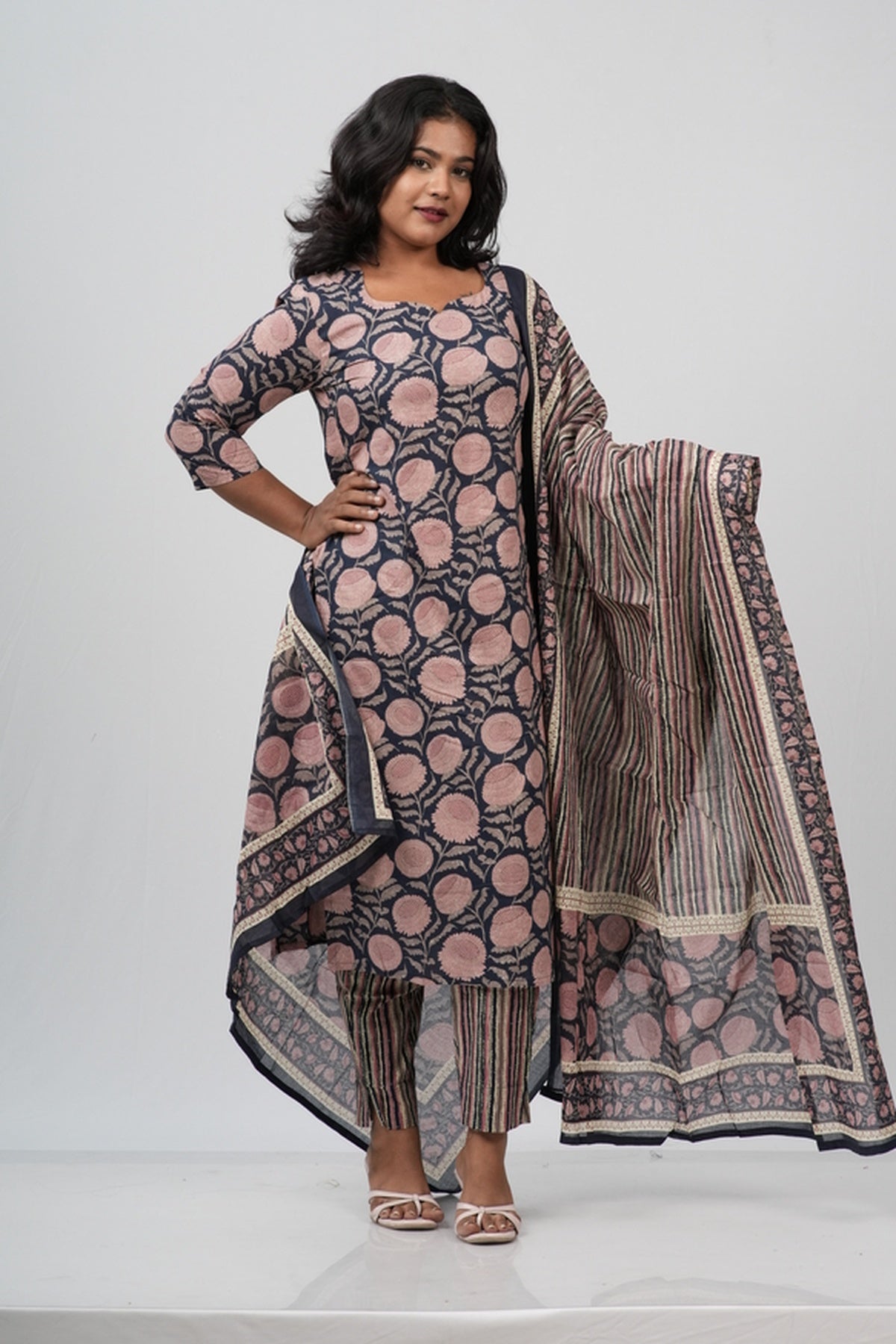 Pink & Indigo Floral Cotton Suit Set