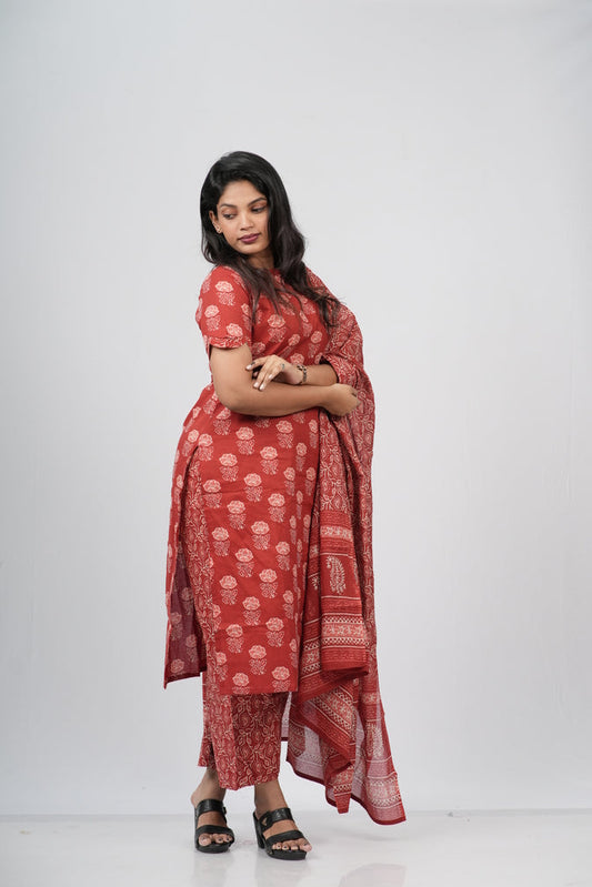 Red Floral Cotton Suit Set