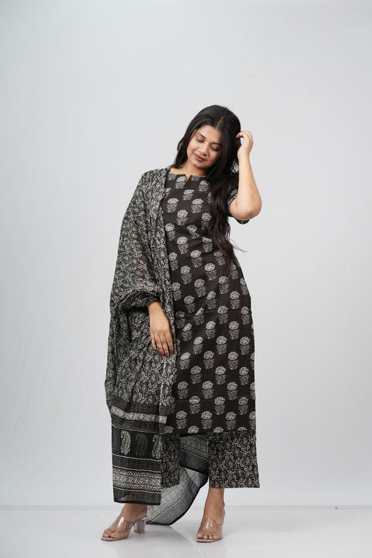 Midnight Bloom Hand Block Print Cotton Suit Set