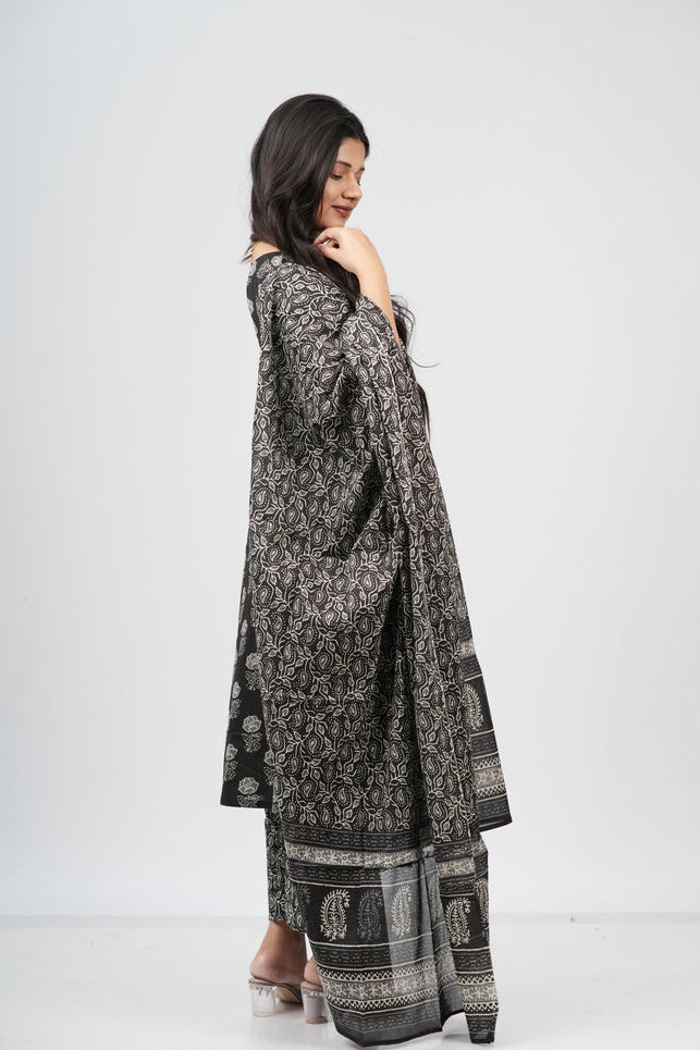 Midnight Bloom Hand Block Print Cotton Suit Set
