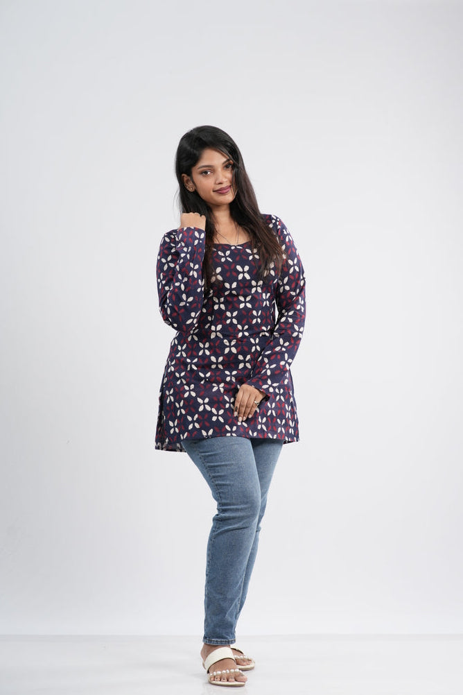 Women's Indigo Blue Handblock Cotton Short Kurti