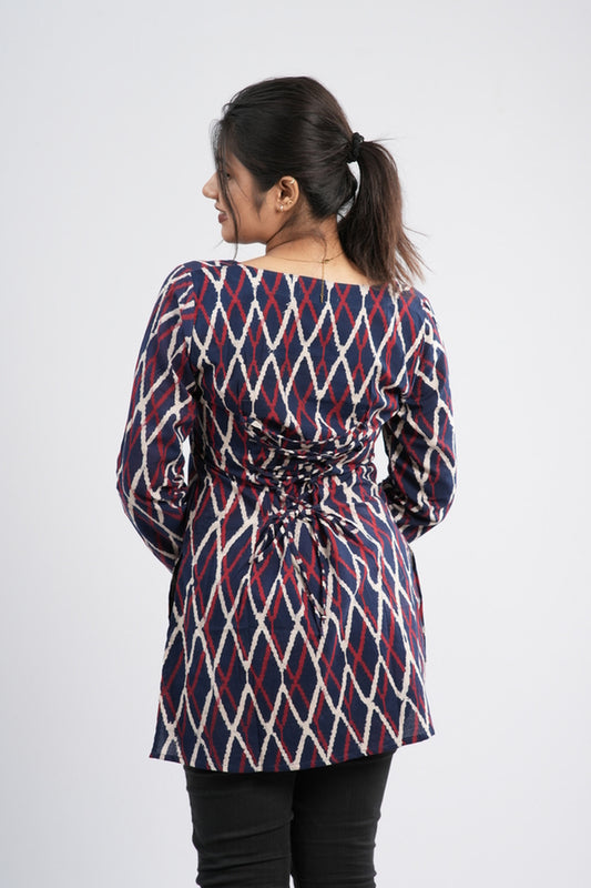 Women's Indigo Blue Zig-Zag Handblock Cotton Short Kurti