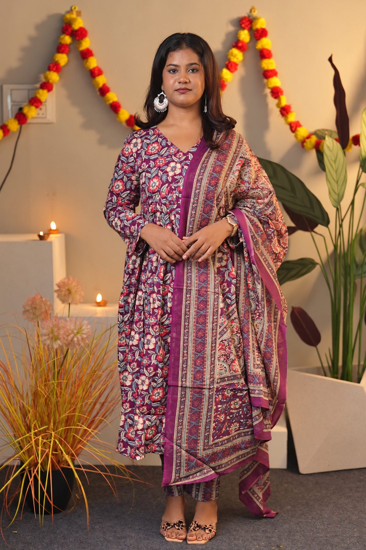 Wine Floral Cotton Alia Cut Suit Set