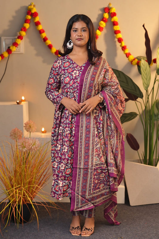 Wine Floral Cotton Alia Cut Suit Set