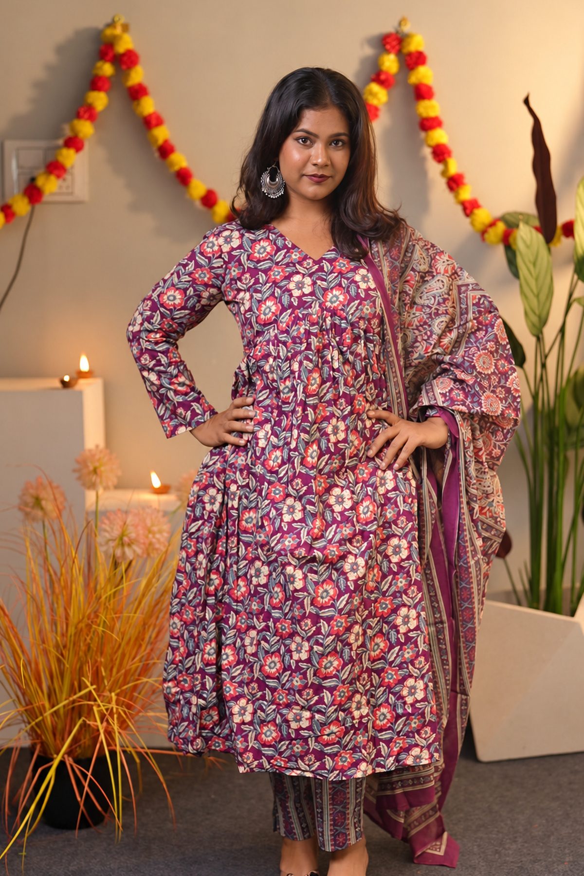 Wine Floral Cotton Alia Cut Suit Set