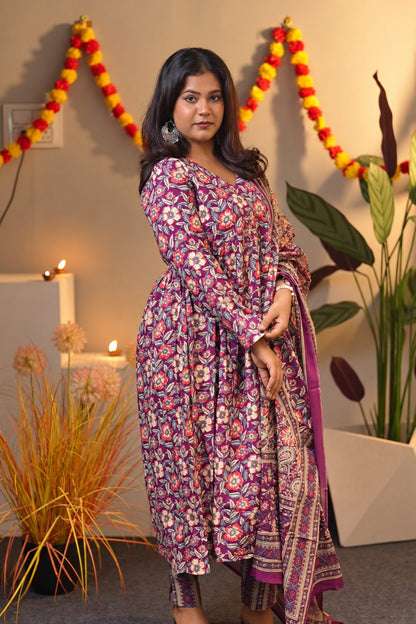Wine Floral Cotton Alia Cut Suit Set