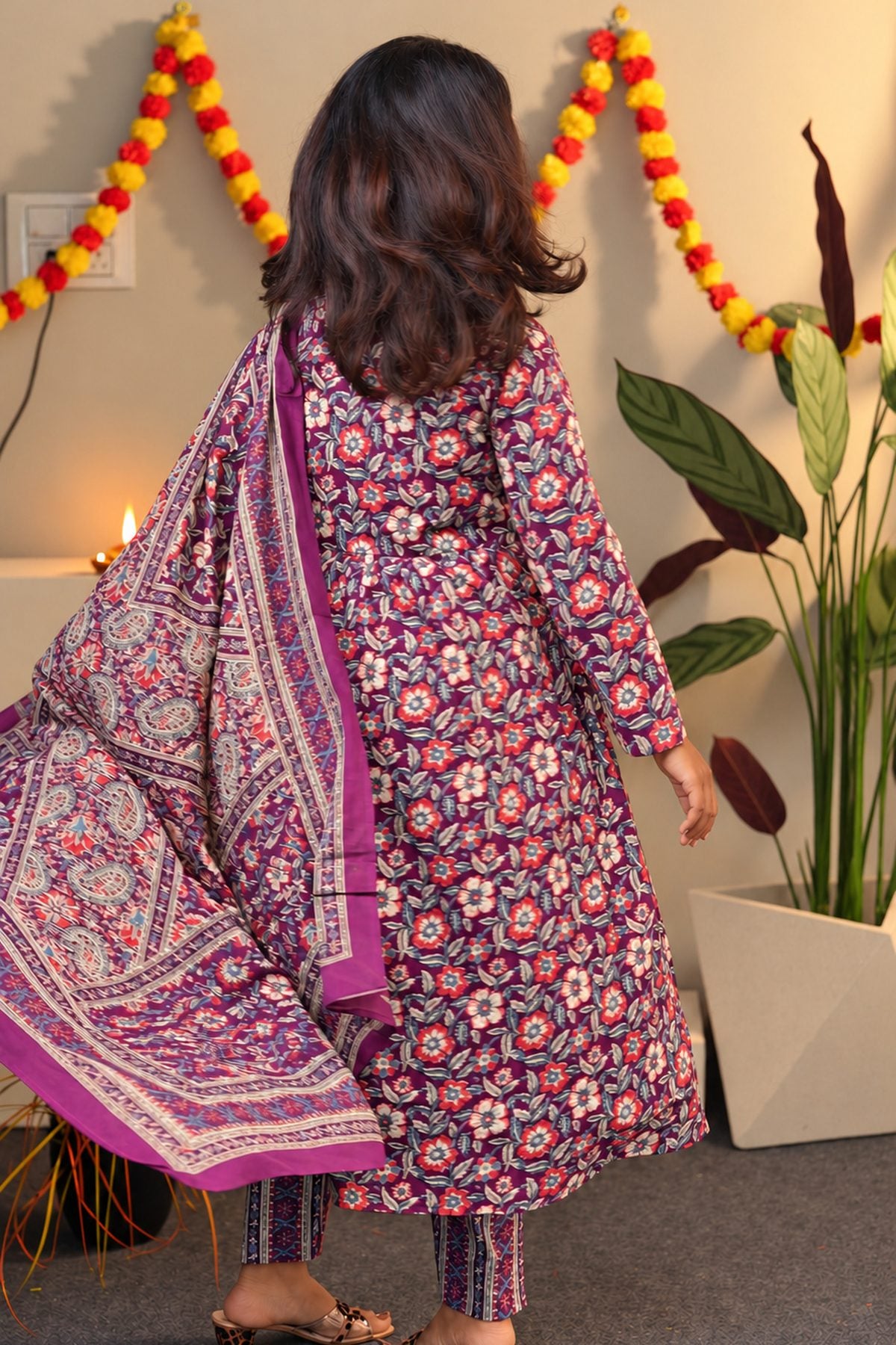 Wine Floral Cotton Alia Cut Suit Set