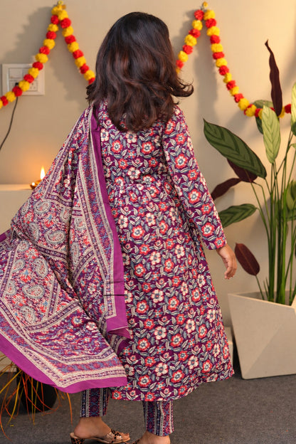 Wine Floral Cotton Alia Cut Suit Set