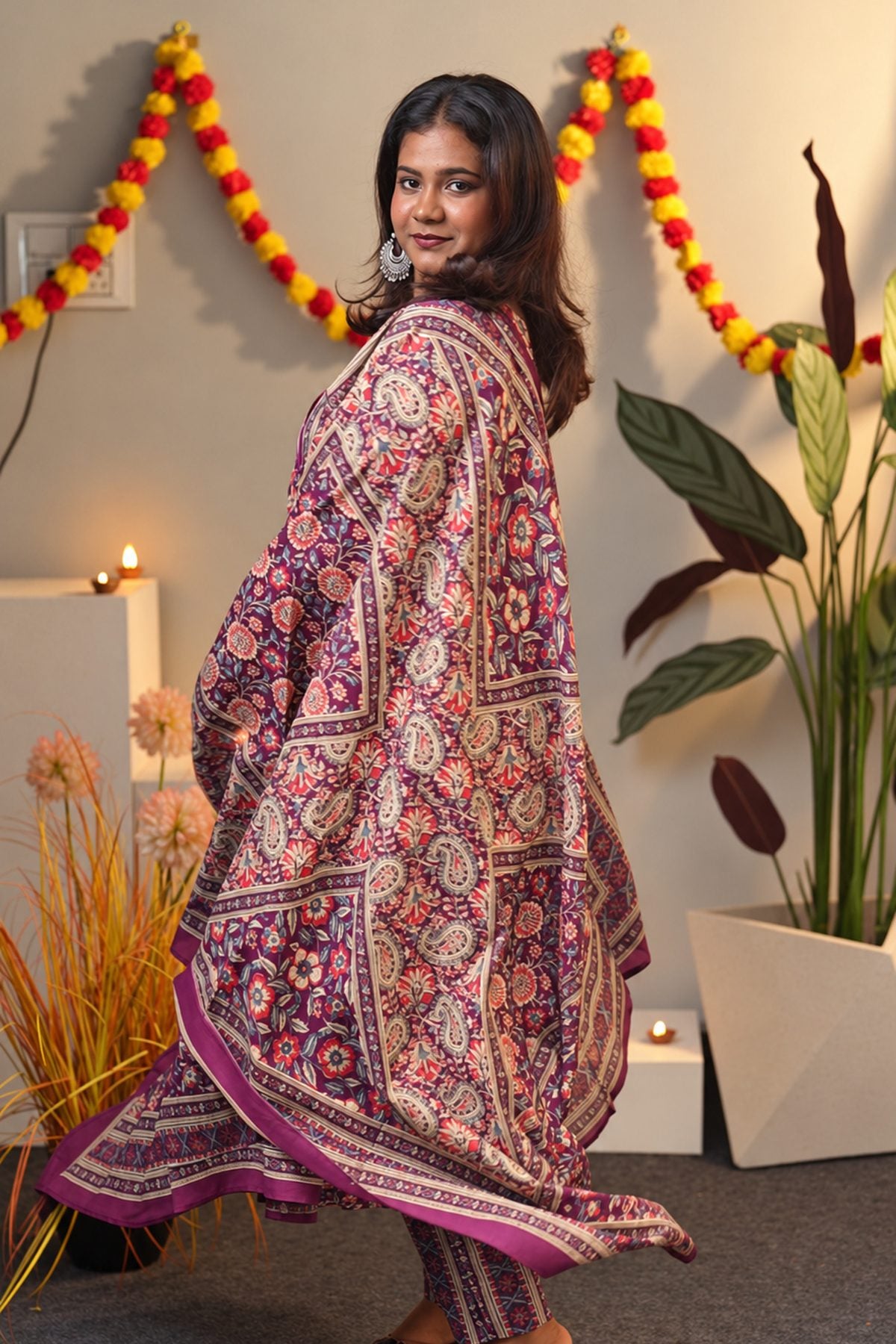 Wine Floral Cotton Alia Cut Suit Set
