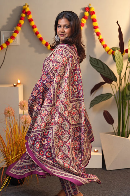 Wine Floral Cotton Alia Cut Suit Set