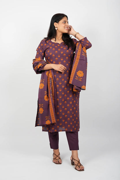 Dark Violet Cotton Straight Cut Kurti Suit Set