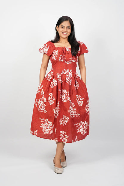 Red Floral A-Line Midi Dress