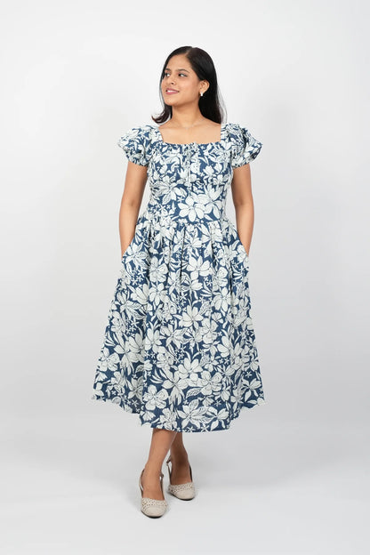 White with blue Floral A-Line Midi Dress