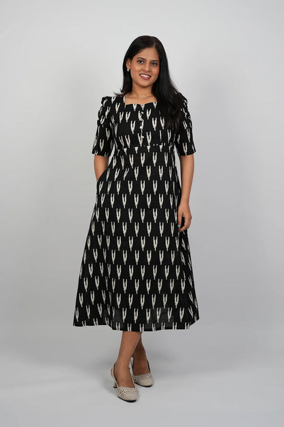 Black Ikkat A-Line Midi Dress