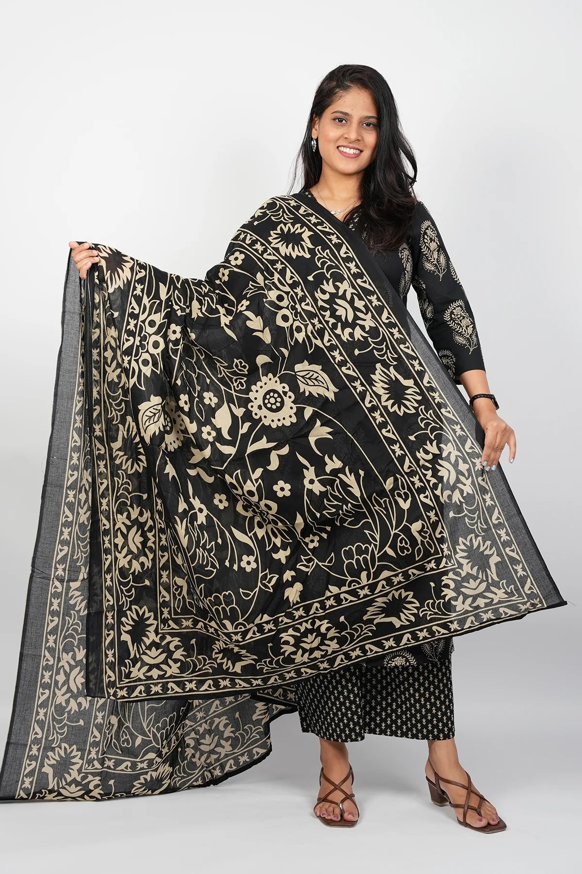 Black Cotton Straight Cut Suit set