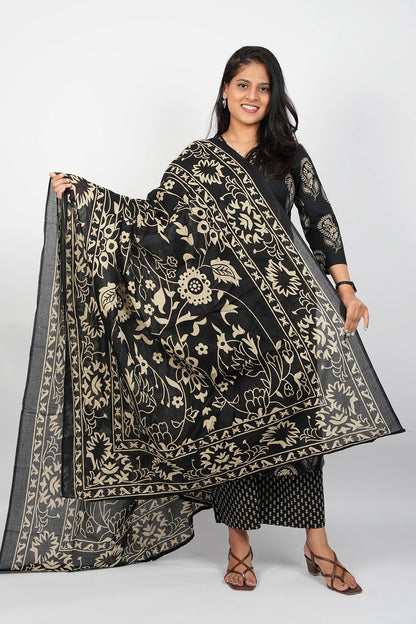 Black Cotton Straight Cut Suit set